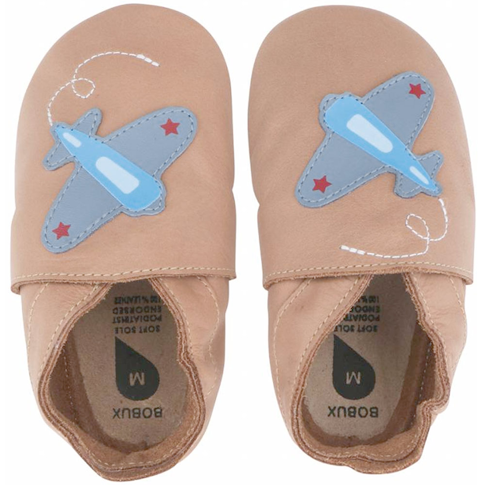 Bobux - Plane - Kleinkinder Weichsohlige Leder-Krabbelschuhe - Beige/Flugzeug (Caramel)