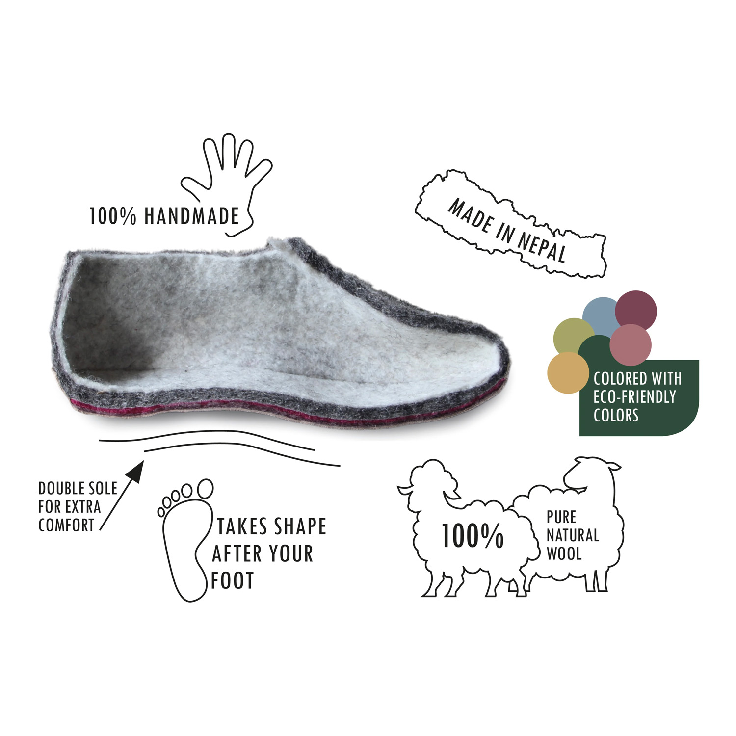 Egos - Fair Trade Slipper Rubber Sole - Unisex Wollfilz-Pantoffel mit Gummisohle - Grau (Natural Grey) – Bild 5