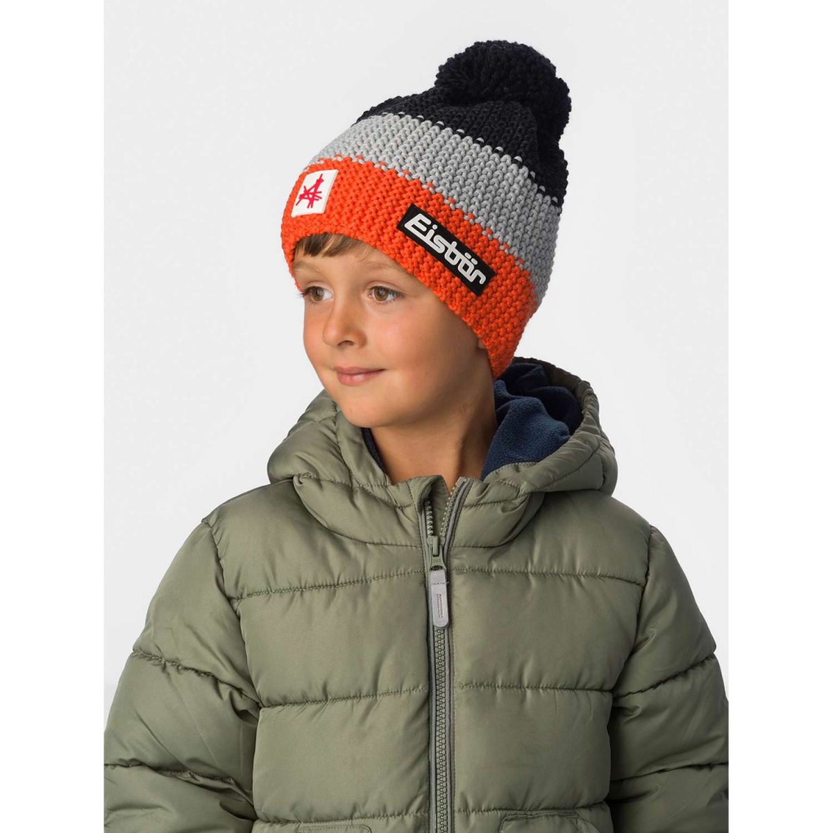 Eisbär - Star Pompon MÜ SA Kids - Kinder Wintermütze mit Fleeceband - D.Orange/Hellgrau/Schwarzmel – Bild 3