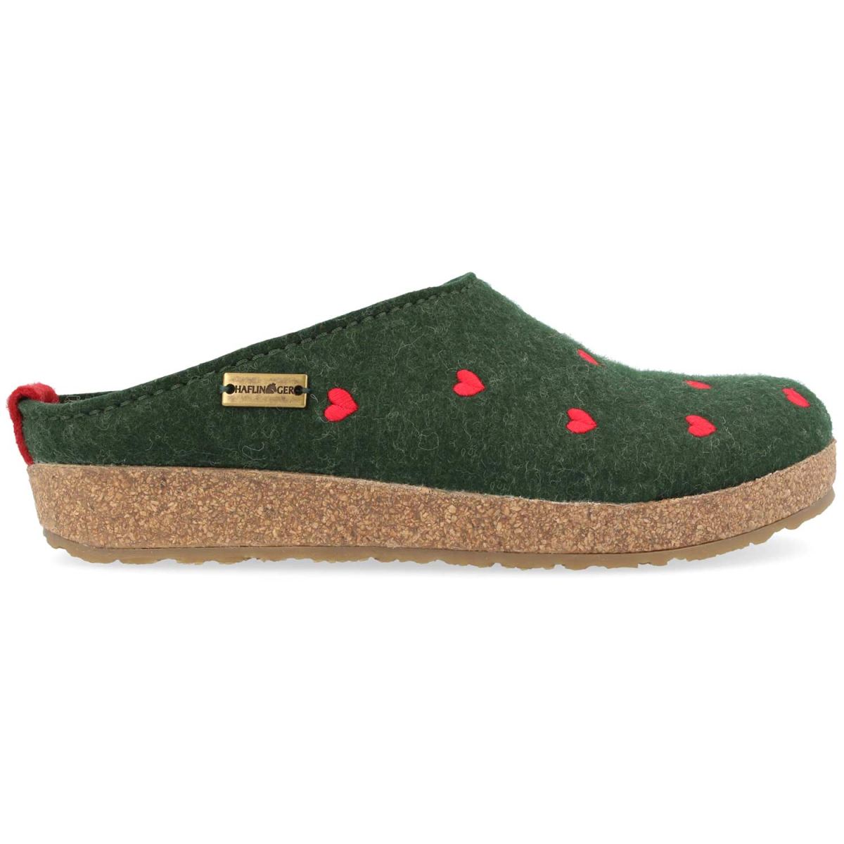 Haflinger - Grizzly Cuoricini - Damen Filz-Kork Pantoffel mit Herzmotiv - Dunkelgrün (Eibe)
