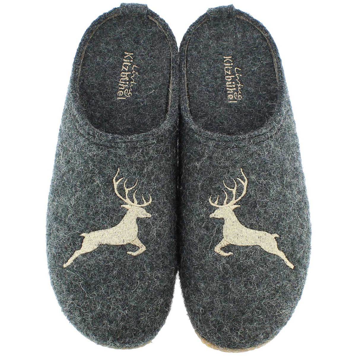 Living Kitzbühel - Springender Hirsch - Damen Pantoffeln aus Schurwolle - Anthrazit