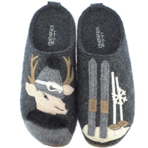 Living Kitzbühel - Frau Hirsch mit Schi - Damen Filz-Pantoffeln - Anthra