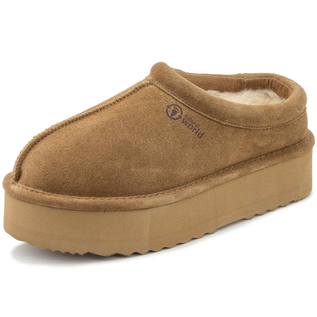 Natural World - Ker - Damen Platform-Pantoffel mit Futter aus Schurwolle - Cognac (Cuero)