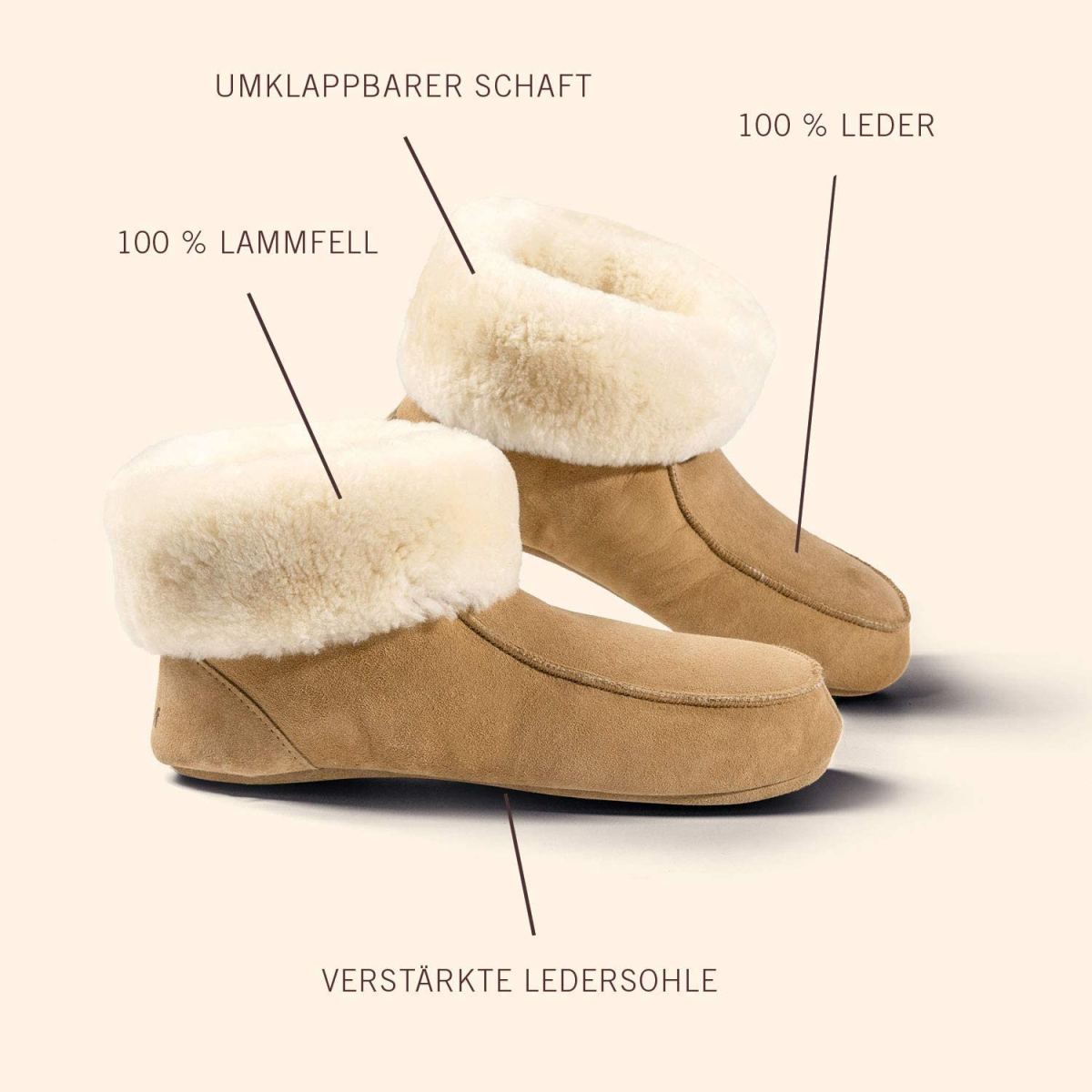 Fellhof - Hüttenpatschen - Unisex Lammfell-Hausschuhe - Hellbraun – Bild 5